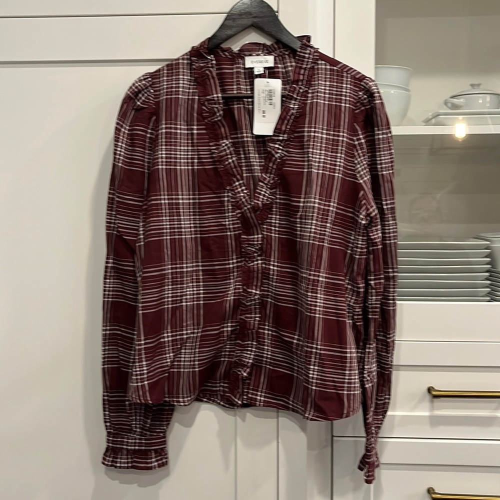 Womens Evereve Lillian Plaid Ruffle shirt. Size Large